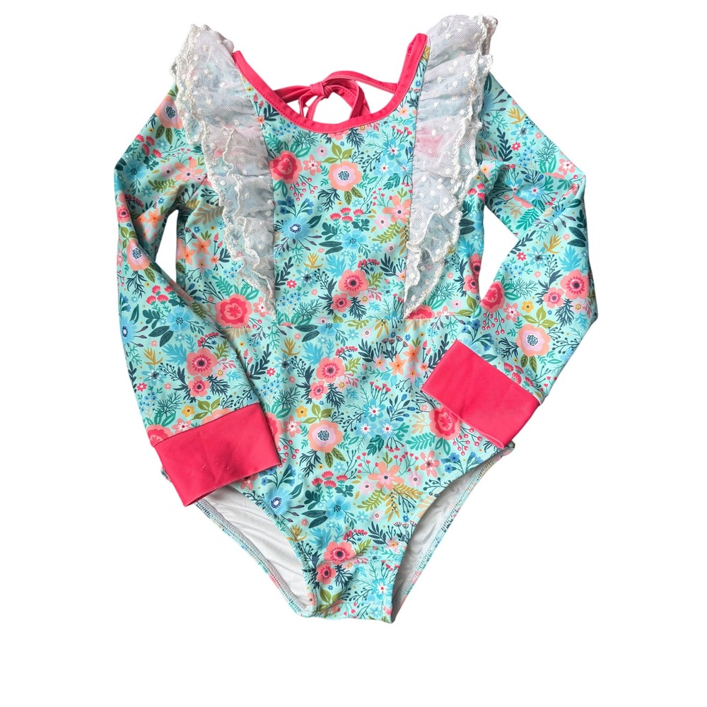Love + Grow Clothing Co 5Y Floral Long Sleeve Swimsuit Lace Ruffle Beach Boho